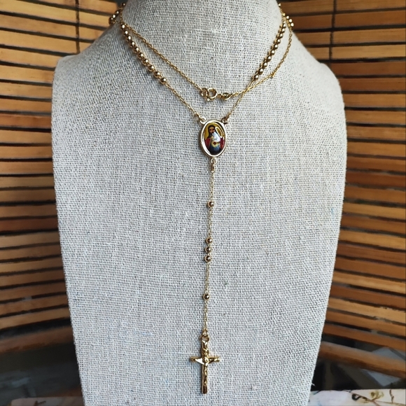 NEW Prayer Rosary Gold Tone Beads Sacred Heart of Jesus Religious Catholic - Picture 3 of 9